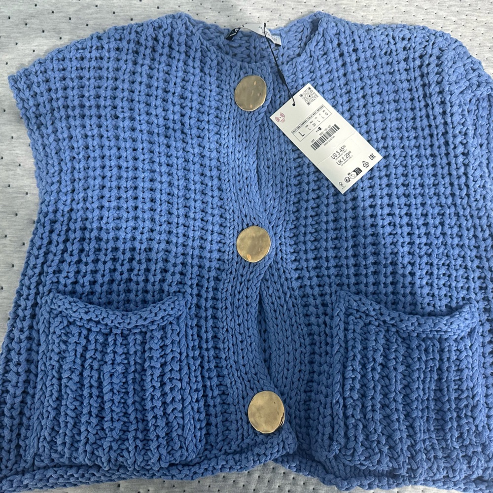 Blue Knit Sweater with Gold Buttons